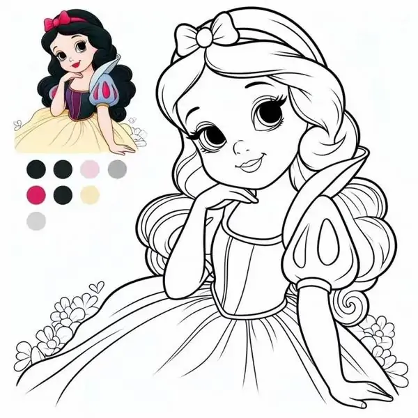 26 Snow White tựa tay bên khung hoa, tóc đen cài nơ đỏ trong hình mẫu và bản nét lớn bên cạnh.