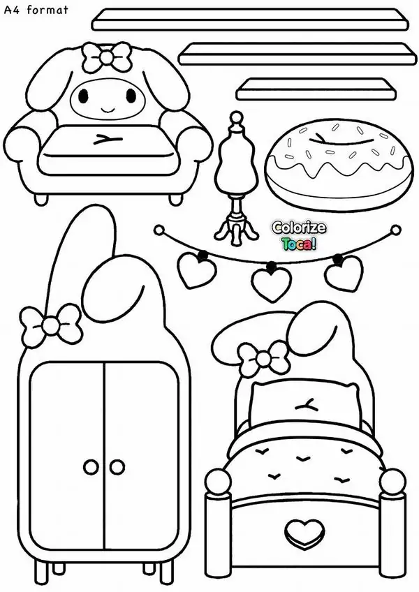 24 Khung nền nhà giấy đồ chơi góc phòng ngủ búp bê giấy Melody có chiếc giường nơ công chúa cùng tủ quần áo mini hình ngôi nhà ngọt ngào.