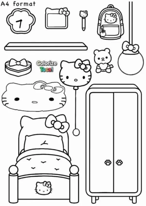 9 Tải hình tô màu phòng ngủ búp bê Hello Kitty có chiếc giường nệm êm ái cùng chiếc gương trang điểm hình nơ siêu ngộ nghĩnh cho bé.