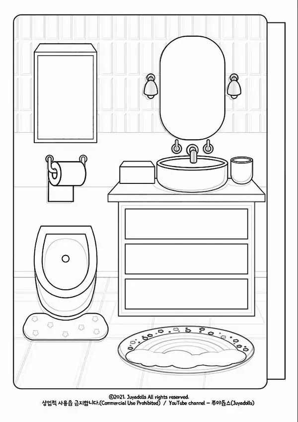 11 Tranh ngôi nhà búp bê đen trắng khu vực nhà vệ sinh có bồn rửa mặt bằng sứ đặt cạnh chiếc bồn cầu và tấm thảm lau chân hình bầu dục.