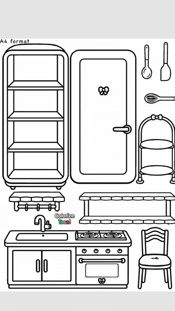 15 Bản vẽ nhà búp bê cắt dán khu vực phòng bếp có đầy đủ kệ chén đĩa, bồn rửa và một chiếc tủ lạnh hai cánh chưa tô màu sắc.