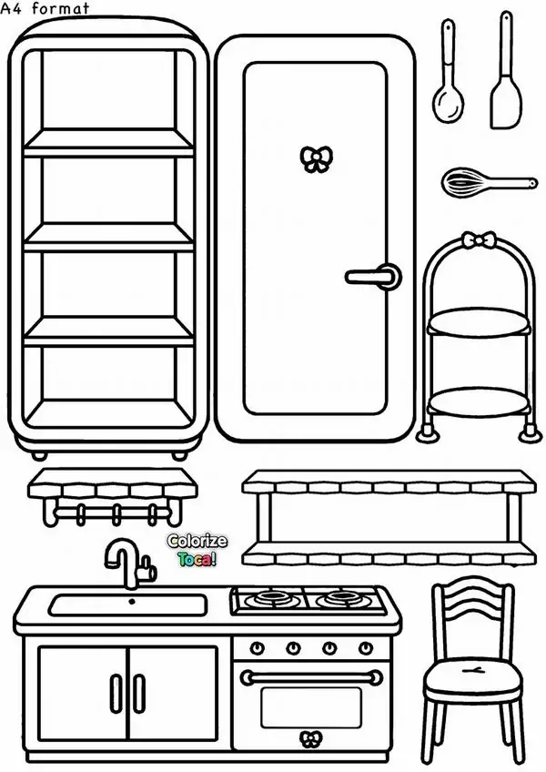 19 Sơ đồ nhà giấy cắt dán toàn bộ gian bếp thu nhỏ có đầy đủ xoong nồi treo trên kệ cùng chiếc tủ lạnh đứng giả lập góc phòng bếp giấy.