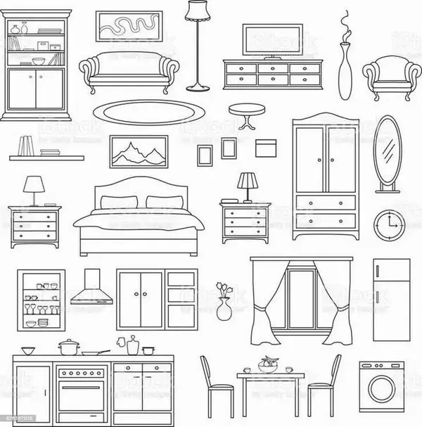 23 Tranh ngôi nhà búp bê đen trắng phòng khách với chiếc ghế sofa dài mềm mại đặt trước kệ tivi lớn cùng hai chiếc đèn cây trang trí hai bên.