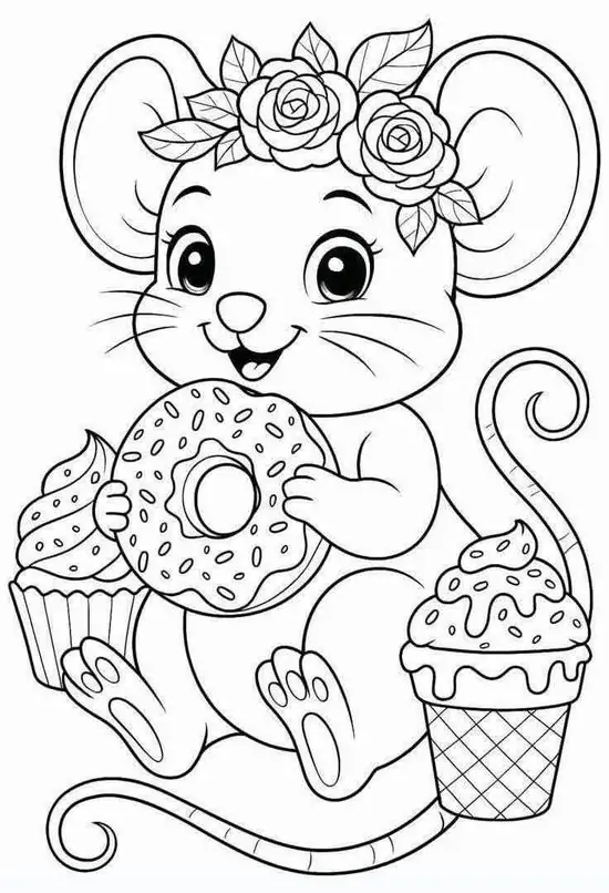 1 Tranh tô màu chú chuột nhỏ ôm chiếc bánh donut lớn bên cạnh ly kem ngọt ngào giúp kích thích óc sáng tạo của các bạn nhỏ.