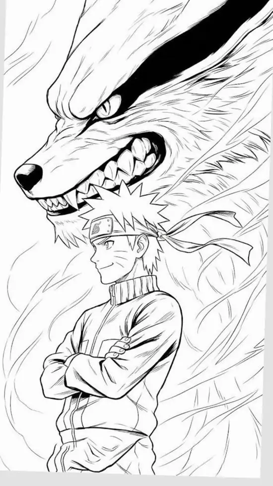 11 Nhân vật ninja Naruto đứng khoanh tay dũng mãnh trước hình ảnh cửu vĩ hồ ly đầy quyền lực đòi hỏi độ tập trung cao độ.