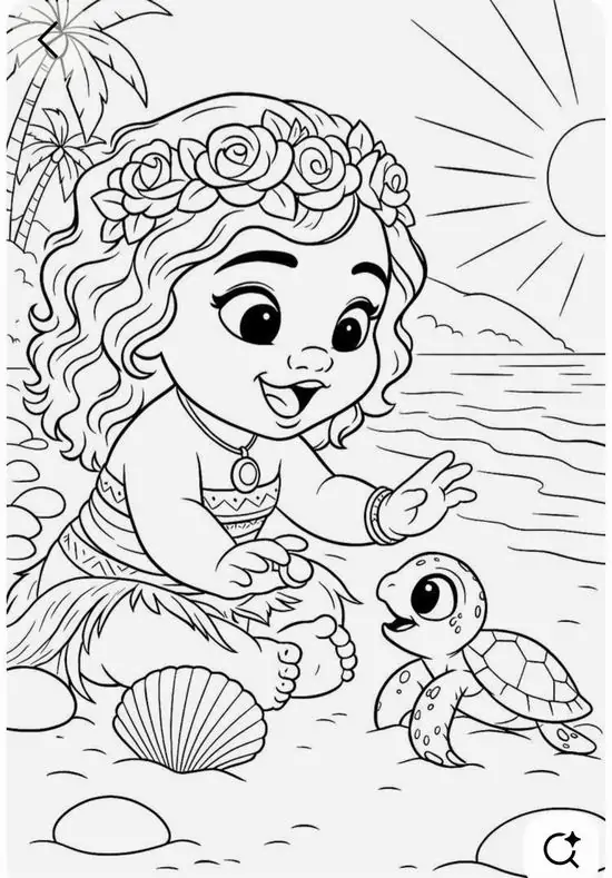 15 Em bé thổ dân vui đùa cùng chú rùa con bên bờ biển sóng vỗ là bức tranh tô màu cho bé 7 8 tuổi rất dễ thương.