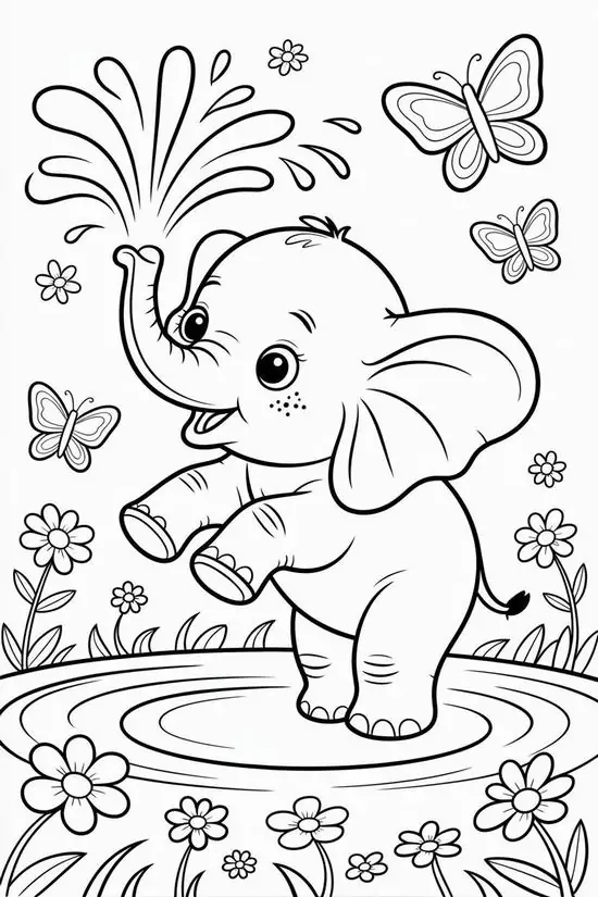 20 Chú voi con tinh nghịch phun nước tắm mát giữa bầy bướm dập dờn là mẫu tranh vẽ đen trắng cho học sinh lớp 2 lớp 3 thư giãn.
