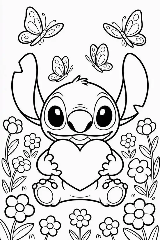 24 Sinh vật ngoài hành tinh Stitch ngồi ngoan ngoãn ôm trái tim lớn giữa rừng hoa bướm làm nên một tài liệu tập tô lớp 2 thú vị.