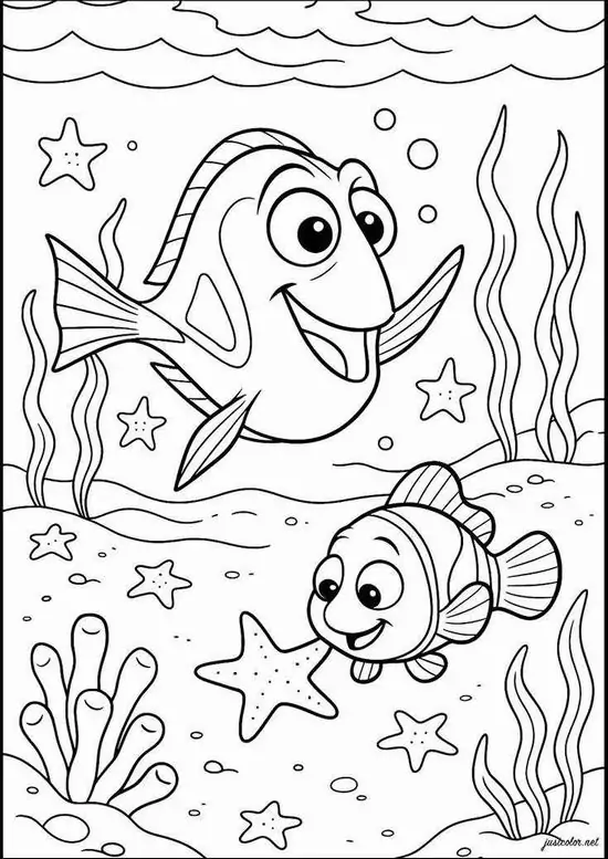 26 Cá hề Nemo và cô cá Dory bơi lội tung tăng trong lòng đại dương sâu thẳm thuộc bộ tranh tô màu cho bé 7 8 tuổi đầy bổ ích.