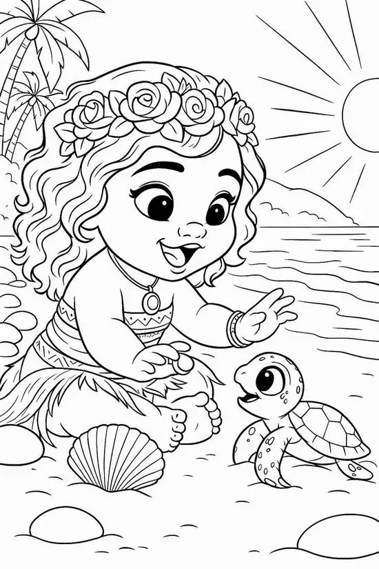 5 Cô bé hoang dã ngồi chơi cùng chú rùa nhỏ trên bãi biển ngập nắng trong bộ tranh tô màu cho bé 7 8 tuổi sống động.