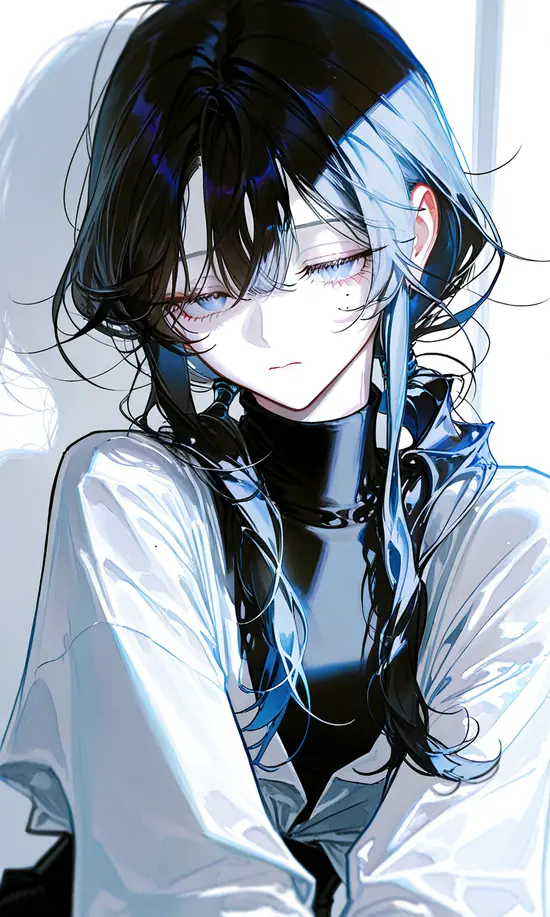 6 Mái tóc mun thẳng rơi dọc lưng cô gái đứng cạnh cửa kính, nền đêm làm hình anime cô gái tóc đen rõ và sắc hơn.