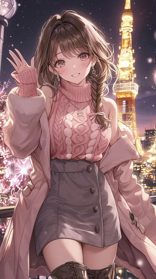 6 Mái tóc hạt dẻ của cô gái anime phủ mềm trên vai áo len, nền phố chiều làm hình anime cô gái tóc nâu thêm ấm.