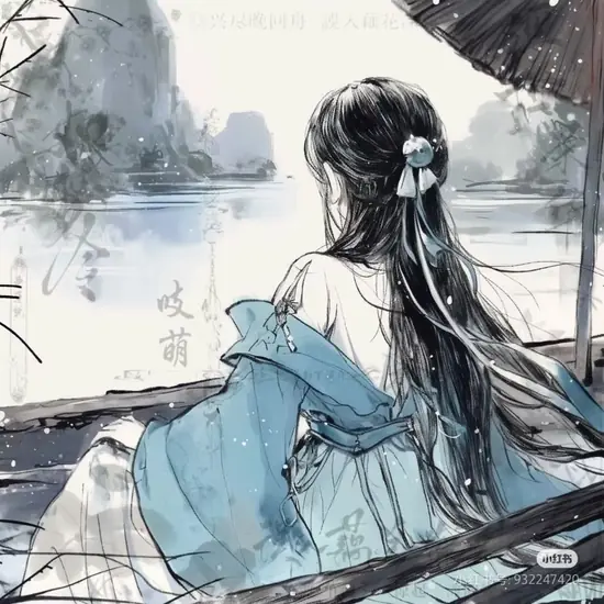 Những giọt nước trên cửa sổ đọng nước làm nền mềm hơn, cô gái tựa cằm vào tay, mắt xa xăm và tóc dài chạm vai.
