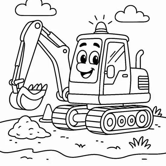 1 Tranh tô màu máy xúc mỉm cười nâng gầu đất dưới mây nhỏ, bánh xích rõ nét tạo cảm giác công trình vui nhộn