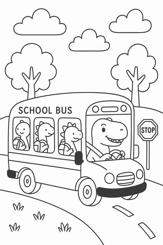 5 Xe buýt trường học chạy trên đường có biển dừng, các bạn nhỏ ngồi sau cửa kính và bác tài cười hiền