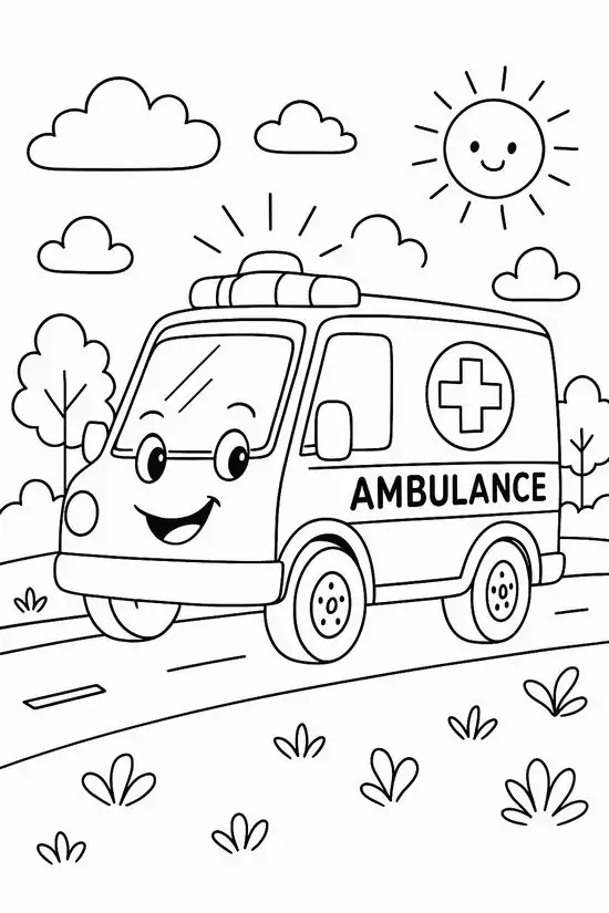 7 Trang tập tô màu xe cứu thương vui vẻ chạy dưới nắng, thân xe có chữ ambulance và đèn cấp cứu nổi bật trên nóc