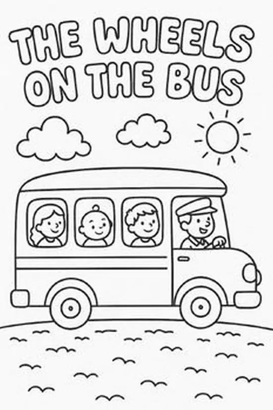 9 Xe buýt chở nhiều bạn nhỏ dưới dòng chữ wheels on the bus, bánh xe tròn và mặt trời tạo không khí vui học