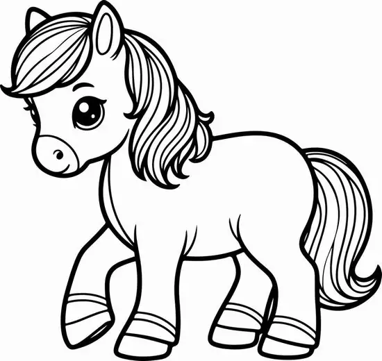 1 Tranh tô màu chú ngựa Pony đứng nghiêng với bờm rũ mềm, đôi mắt hiền và bốn móng guốc tròn đáng yêu