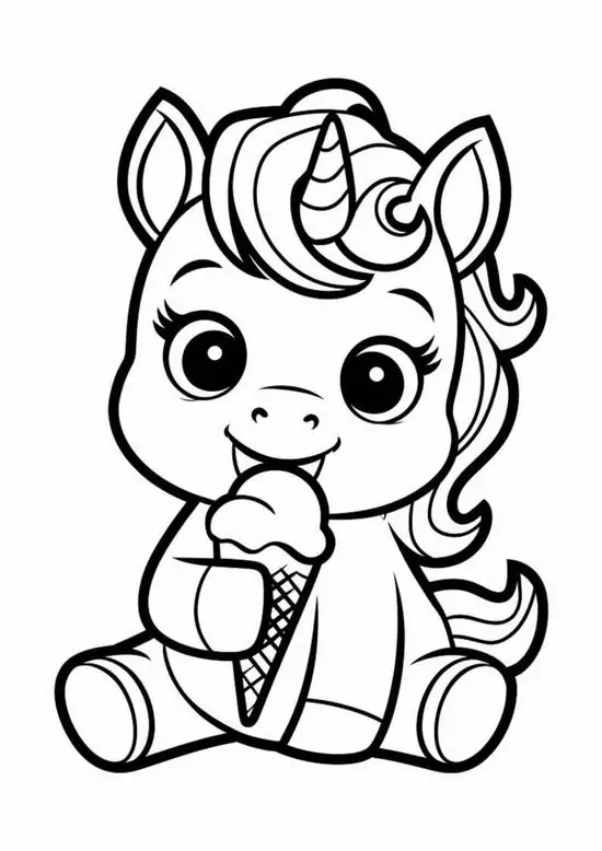 11 Chú Pony bé xíu ngồi ôm que kem, đôi mắt tròn sáng, chiếc sừng nhỏ và bờm cuộn thật dễ thương