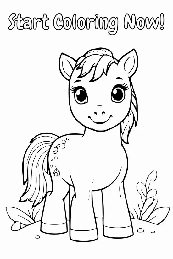 2 Chú Pony nhỏ nhìn thẳng với nụ cười trong veo, bờm ngắn gọn gàng và dòng chữ vui phía trên đầu
