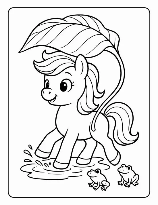4 Chú Pony đội mũ rộng vành bước qua vũng nước, đuôi cong nhẹ, cạnh bên có hai chú ếch tinh nghịch