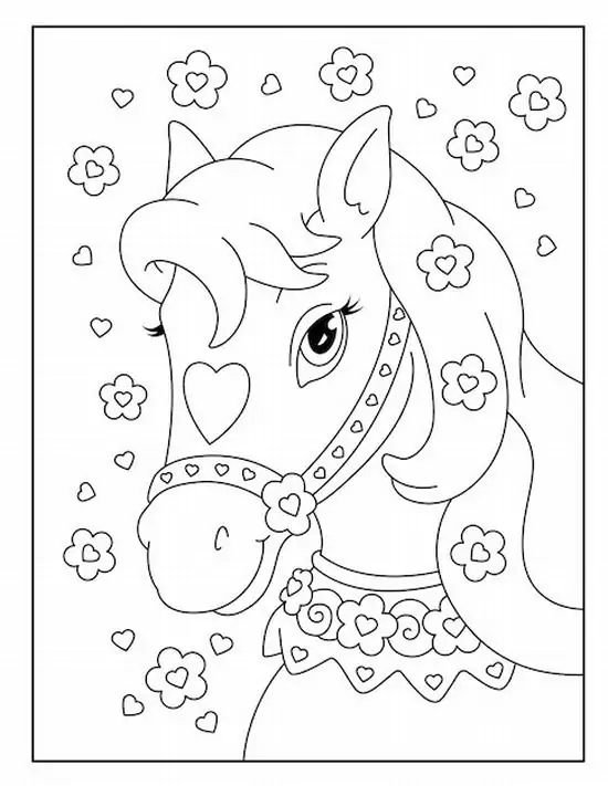 5 Khuôn mặt ngựa Pony đeo dây cổ trang trí, mắt dịu dàng nhìn nghiêng giữa hoa nhỏ, trái tim và ngôi sao