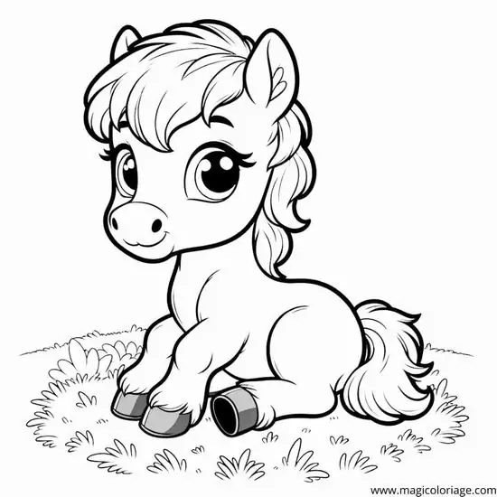 9 Chú Pony ngồi ngoan trên thảm cỏ, đôi mắt to tròn, bờm xoăn nhẹ và biểu cảm hiền lành rất ngọt