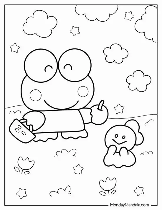 23 Keroppi nằm trên phao giữa ao trong tranh phác thảo ếch xanh Sanrio, quanh là mây, sao và bạn nhỏ bên nước