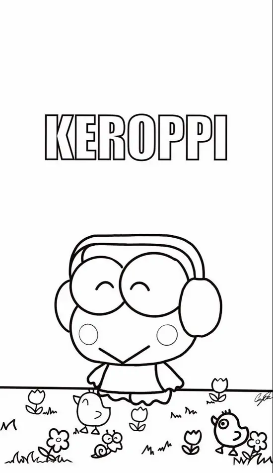 28 Bên hộp bút màu, Keroppi giơ ngón tay reo vui, má hồng tròn xoe và bộ quần áo tối giản rất dễ tô