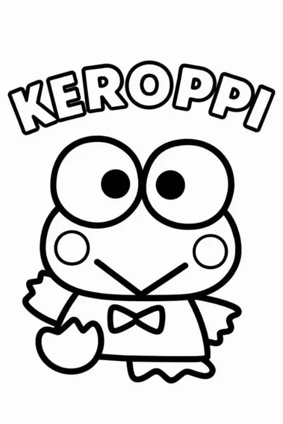 16 Dòng chữ Keroppi phía trên làm tranh tô màu ếch Keroppi rõ chủ đề, chú ếch mặc váy nhỏ và nhìn thẳng đáng yêu