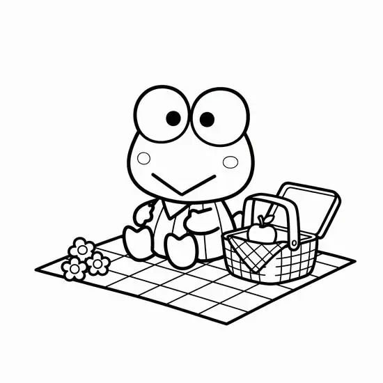 17 File in rõ nét ghi lại Keroppi ngồi trên thảm picnic, cạnh giỏ hoa xinh và khuôn mặt nhỏ đang mỉm cười