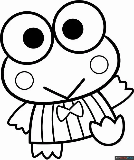 21 Tô tranh Keroppi cận mặt với đôi mắt to tròn, má tròn hai bên, nơ nhỏ và áo sọc dọc dễ nhận ra