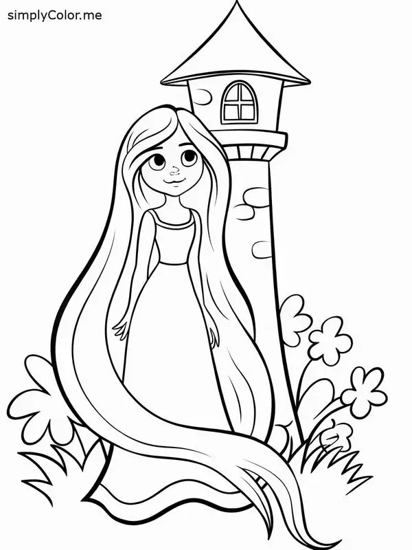 7 Trang tập tô màu Rapunzel tóc dài bên giỏ hoa, váy phồng đáng yêu và đôi mắt sáng nhìn về phía trước