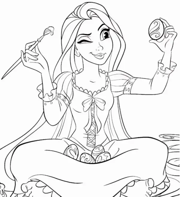 6 Rapunzel cầm chiếc chảo quen thuộc, dáng đứng vui nhộn cạnh ô cửa tháp và rèm vải uốn cong