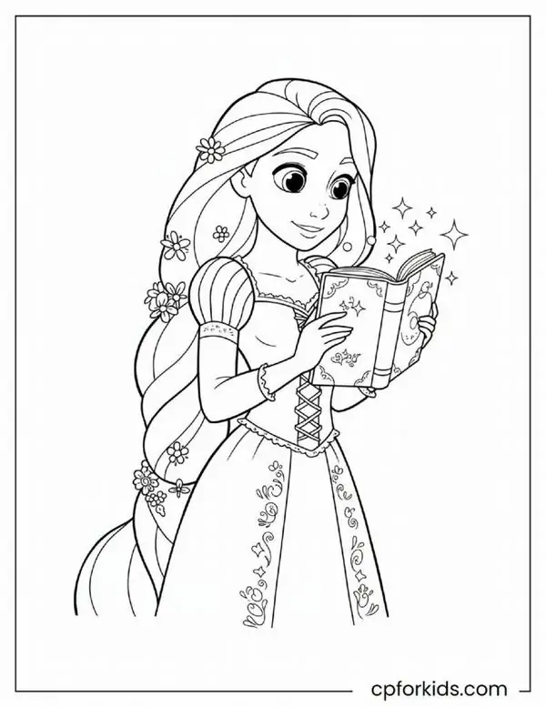 4 Rapunzel mặc váy tím xoay nhẹ trong khu vườn, mái tóc dài được điểm hoa nhỏ mềm mại quanh vai