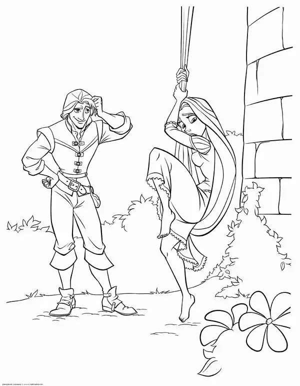 16 Rapunzel ngồi đọc sách bên cửa tháp, phía sau có kệ gỗ, nến nhỏ và rèm cửa xinh xắn
