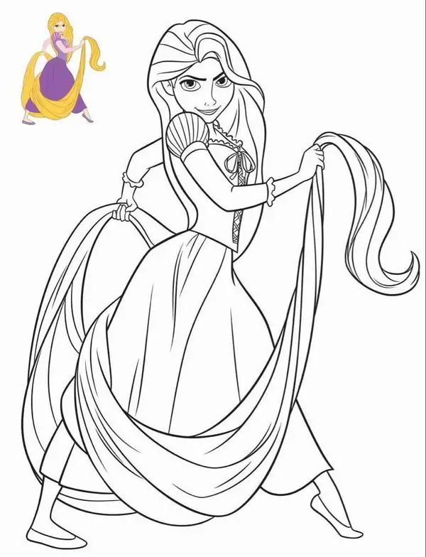 14 Rapunzel đứng giữa rừng cây, tay cầm hoa dại, nét mặt vui vẻ như vừa bắt đầu một chuyến đi