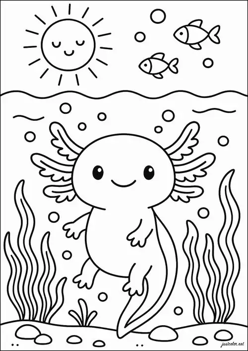 3 Bé kỳ giông nước axolotl với nụ cười ngộ nghĩnh đang bơi lội tung tăng cạnh những khóm rong biển dập dềnh.