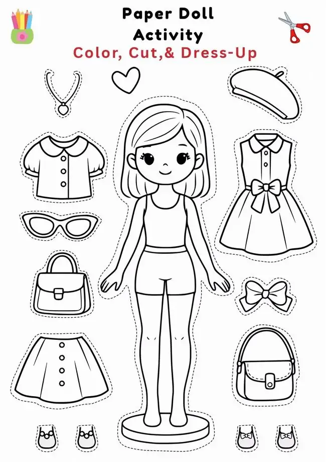 31 Tô tranh bé gái tóc ngắn đeo kính râm dạo biển cùng tủ đồ mùa hè mát mẻ gồm áo ba lỗ và chân váy ngắn xếp ly.