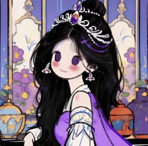 22 Cô gái chibi tóc đen đội vương miện nhỏ, váy tím trắng và nền cửa sổ hoa tạo nét công chúa đáng yêu