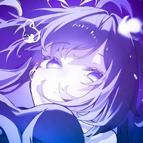 24 Avt Zalo cô gái anime cười rạng rỡ trong avatar màu tím, tóc xõa và ánh sáng xanh tím phủ lên gương mặt