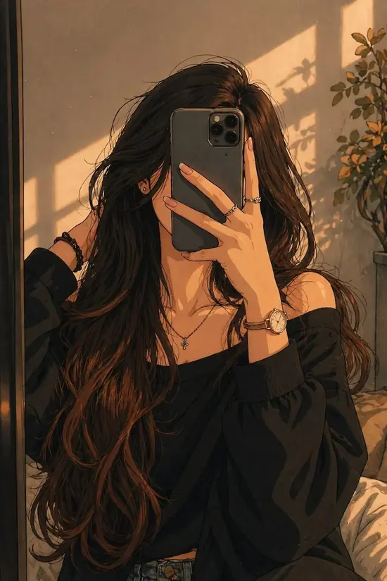 Theo bố cục cận nhân vật, cô gái đứng nép ở mép khung, che má bằng bàn tay và tạo cảm giác rất đúng chất ảnh anime nữ che mặt.