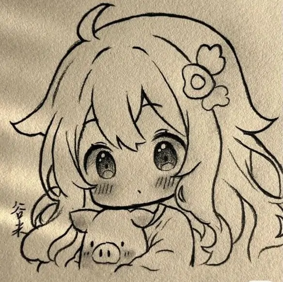 1 Cô bé chibi tóc bồng được vẽ bằng nét chì mềm, đôi mắt tròn long lanh, má hồng nhẹ và bông hoa nhỏ cài bên tóc