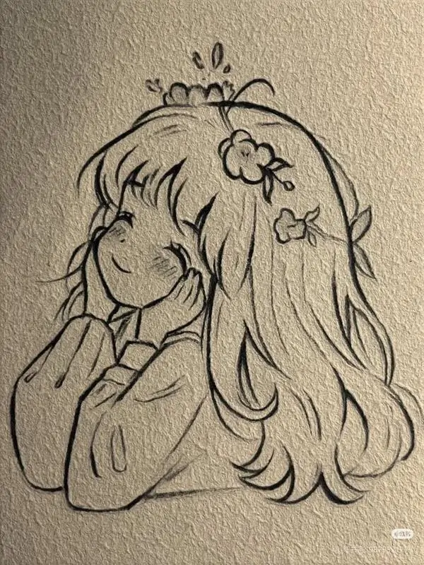 2 Góc nghiêng dịu dàng của cô gái anime tóc dài, tay chạm má, váy đơn giản và hoa nhỏ trên tóc tạo cảm giác mơ màng