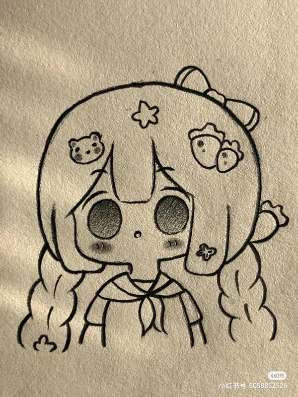 3 Hai bím tóc nhỏ và gương mặt tròn làm ảnh nền chibi này thêm ngộ nghĩnh, cô bé đứng yên với biểu cảm hơi ngơ đáng yêu