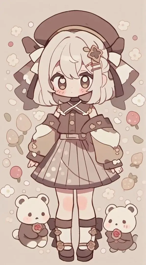 7 Nhân vật chibi mặc váy nâu, đội mũ tròn, đứng giữa gấu nhỏ và nền tim hồng, đôi mắt to nhìn rất hiền