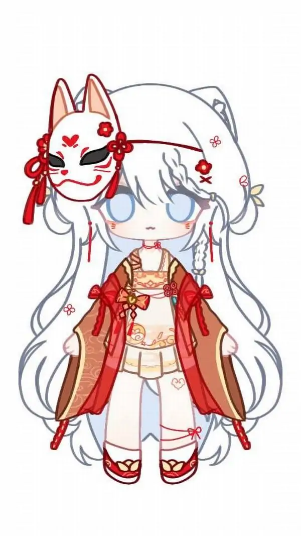 8 Cô gái anime tóc trắng mặc kimono đỏ, mặt nạ cáo bên cạnh và tai thú nổi bật tạo cảm giác vừa tinh nghịch vừa dễ thương