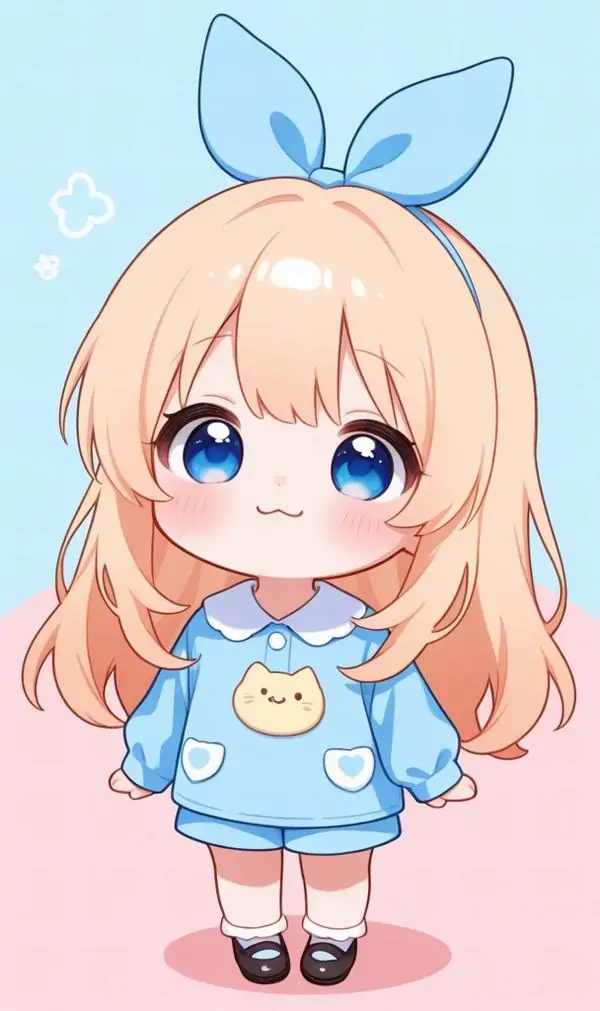 22 Chiếc nơ xanh lớn trên mái tóc vàng giúp hình nền ngộ nghĩnh anime chibi girl cute dễ vẽ thêm sáng, váy xanh và mắt tròn rất yêu