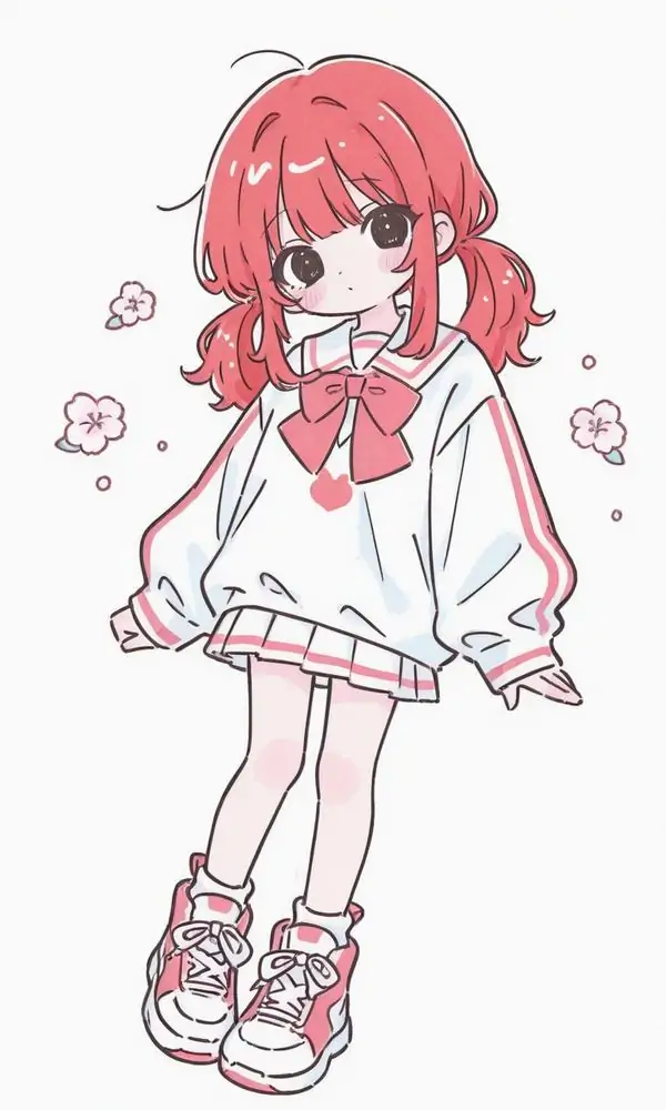 15 Tóc đỏ, áo hoodie trắng và váy ngắn khiến ảnh anime dễ thương này nổi bật, cô bé đứng giữa vài bông hoa nhỏ nhẹ