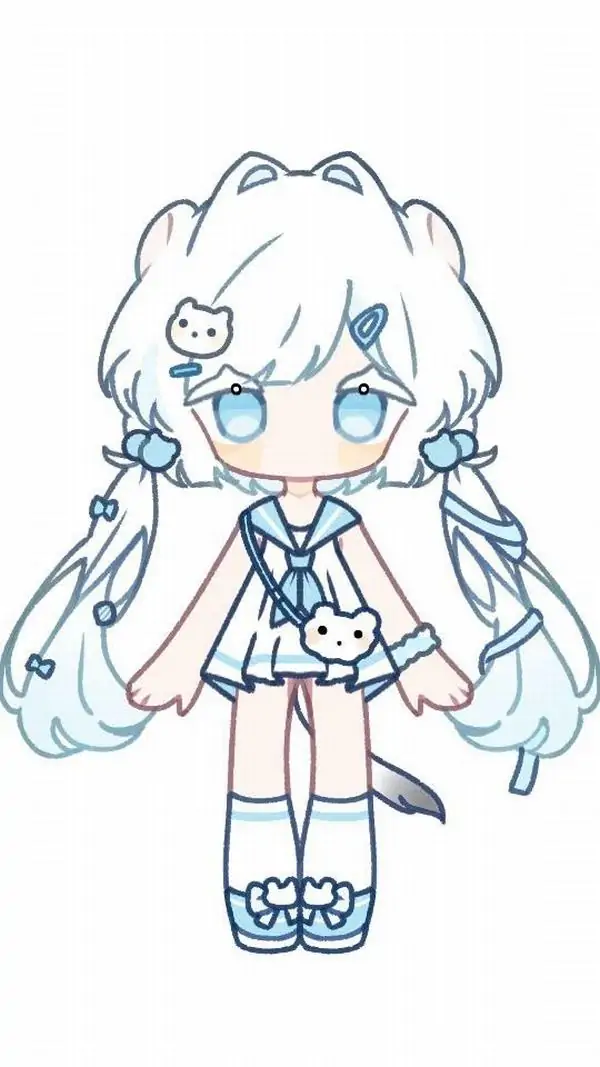 18 Tạo hình chibi tóc trắng xanh mặc váy ngắn, đôi mắt xanh sáng và đường nét đơn giản rất hợp làm mẫu dễ vẽ